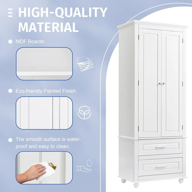 Tall Storage Cabinet with 3 Adjustable Shelves and 2 Drawers — Water-Resistant MDF