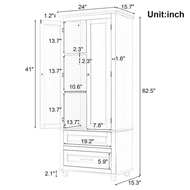 Tall Storage Cabinet with 3 Adjustable Shelves and 2 Drawers — Water-Resistant MDF