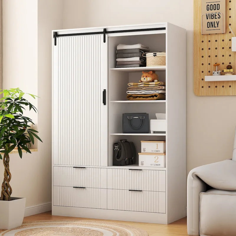 Tall Wardrobe Armoire with Sliding Barn Door, Hanging Rod, Drawers & Open Shelves