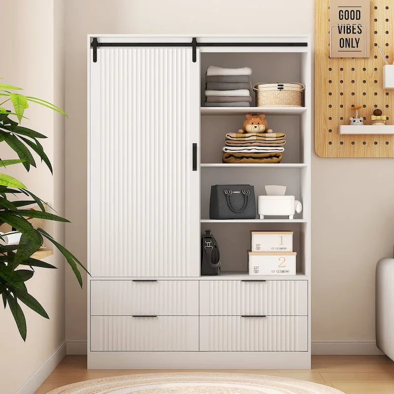 Tall Wardrobe Armoire with Sliding Barn Door, Hanging Rod, Drawers & Open Shelves