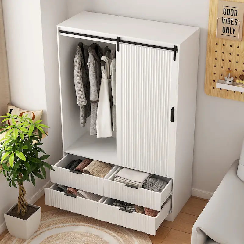 Tall Wardrobe Armoire with Sliding Barn Door, Hanging Rod, Drawers & Open Shelves
