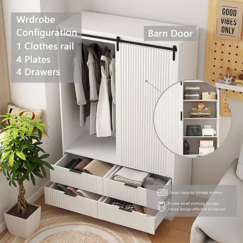 Tall Wardrobe Armoire with Sliding Barn Door, Hanging Rod, Drawers & Open Shelves