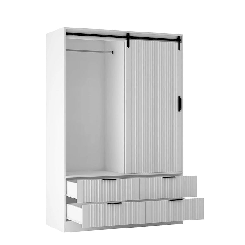 Tall Wardrobe Armoire with Sliding Barn Door, Hanging Rod, Drawers & Open Shelves