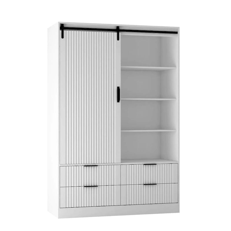 Tall Wardrobe Armoire with Sliding Barn Door, Hanging Rod, Drawers & Open Shelves