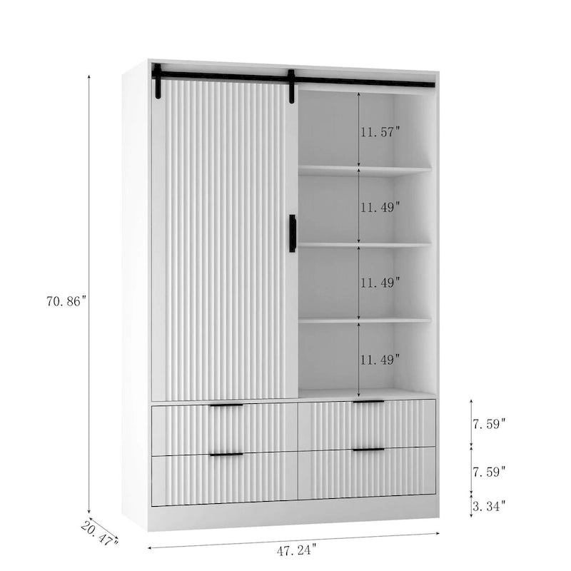 Tall Wardrobe Armoire with Sliding Barn Door, Hanging Rod, Drawers & Open Shelves