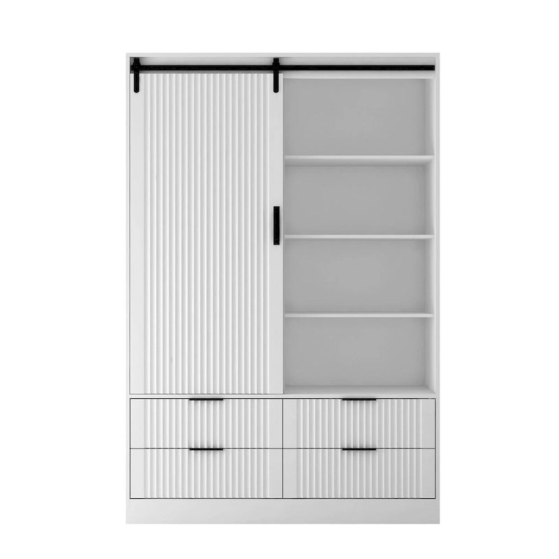 Tall Wardrobe Armoire with Sliding Barn Door, Hanging Rod, Drawers & Open Shelves