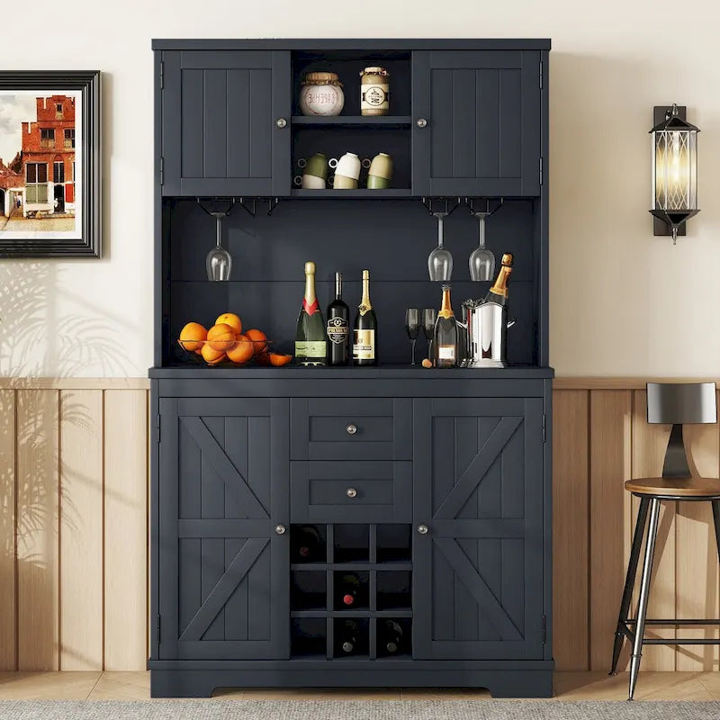 Freestanding Bar Cabinet with Wine Rack, Stemware Hooks and Storage Drawers — 73.8" Tall