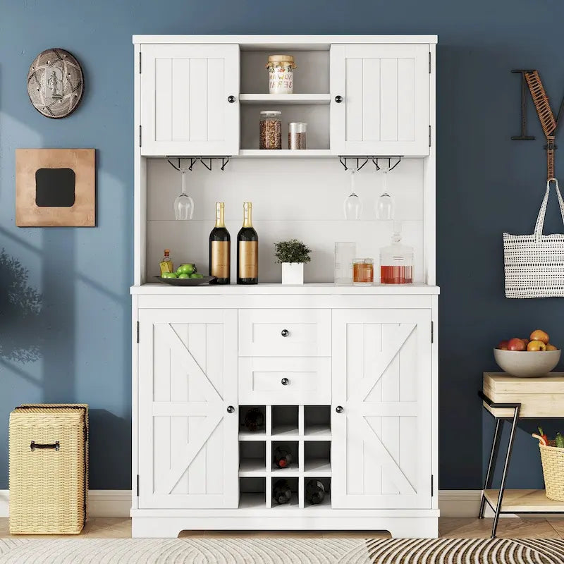Freestanding Bar Cabinet with Wine Rack, Stemware Hooks and Storage Drawers — 73.8" Tall