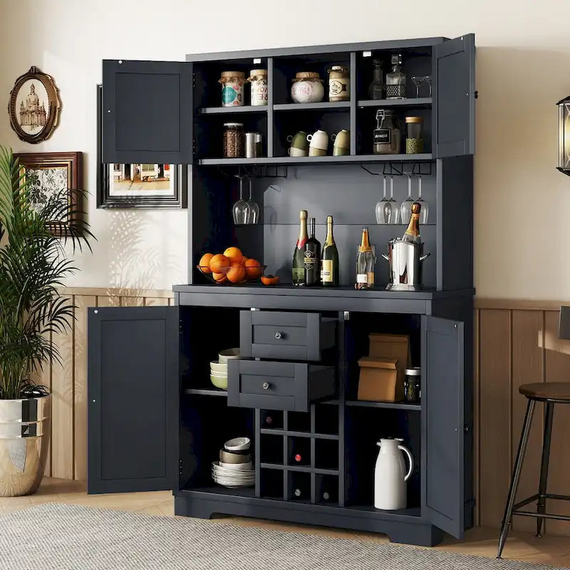 Freestanding Bar Cabinet with Wine Rack, Stemware Hooks and Storage Drawers — 73.8" Tall