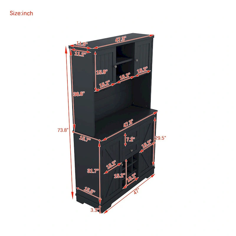 Freestanding Bar Cabinet with Wine Rack, Stemware Hooks and Storage Drawers — 73.8" Tall