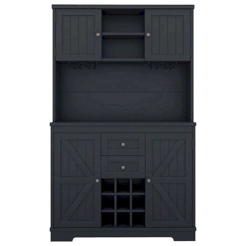 Freestanding Bar Cabinet with Wine Rack, Stemware Hooks and Storage Drawers — 73.8" Tall