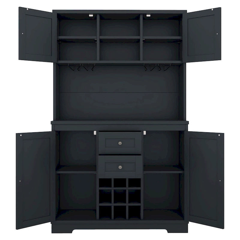 Freestanding Bar Cabinet with Wine Rack, Stemware Hooks and Storage Drawers — 73.8" Tall