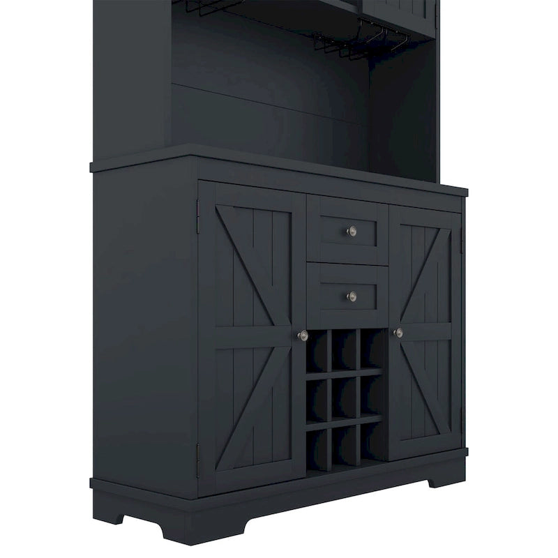 Freestanding Bar Cabinet with Wine Rack, Stemware Hooks and Storage Drawers — 73.8" Tall