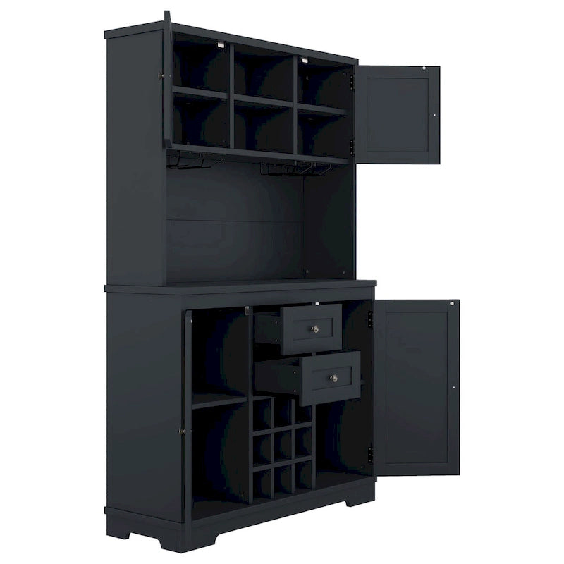 Freestanding Bar Cabinet with Wine Rack, Stemware Hooks and Storage Drawers — 73.8" Tall