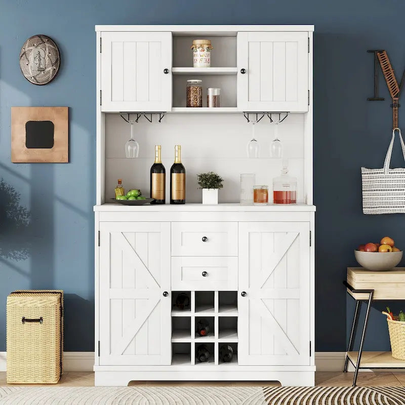 Freestanding Bar Cabinet with Wine Rack, Stemware Hooks and Storage Drawers — 73.8" Tall