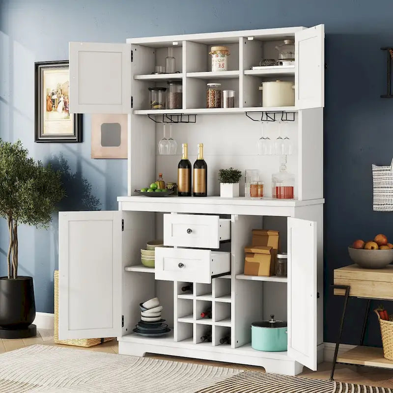Freestanding Bar Cabinet with Wine Rack, Stemware Hooks and Storage Drawers — 73.8" Tall