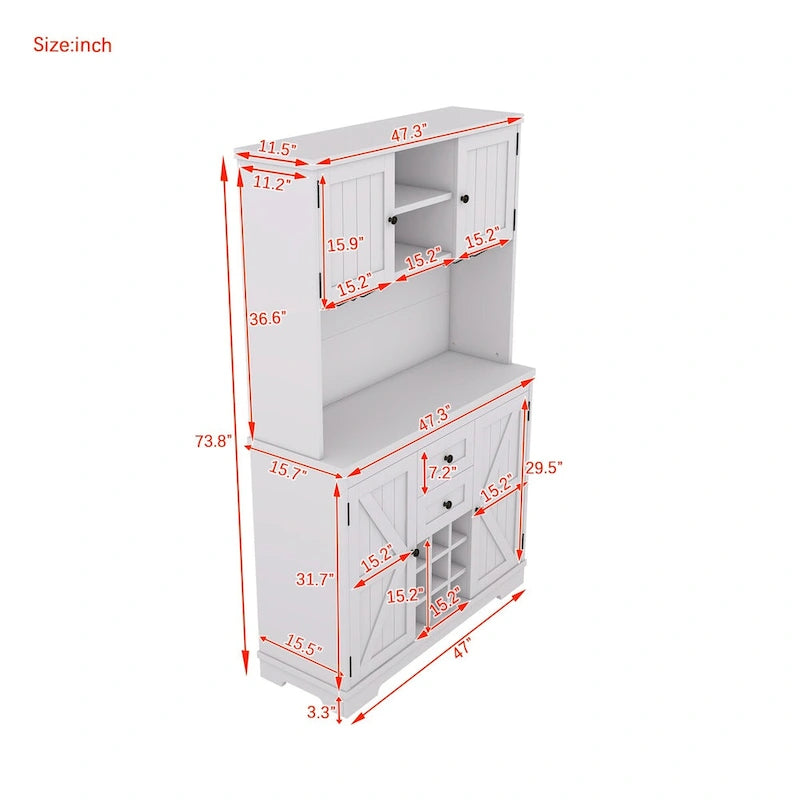 Freestanding Bar Cabinet with Wine Rack, Stemware Hooks and Storage Drawers — 73.8" Tall
