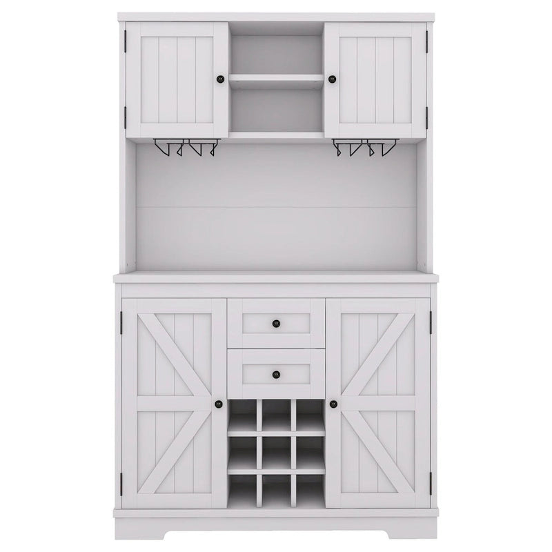 Freestanding Bar Cabinet with Wine Rack, Stemware Hooks and Storage Drawers — 73.8" Tall