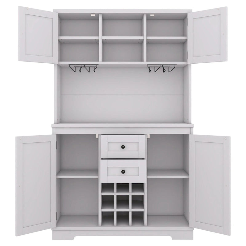 Freestanding Bar Cabinet with Wine Rack, Stemware Hooks and Storage Drawers — 73.8" Tall