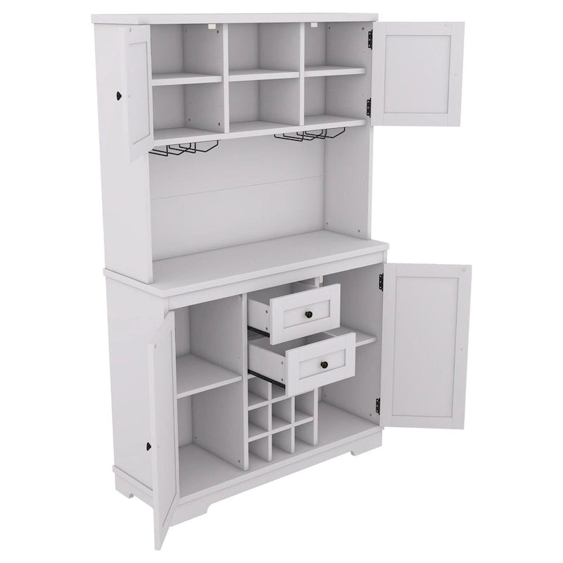 Freestanding Bar Cabinet with Wine Rack, Stemware Hooks and Storage Drawers — 73.8" Tall