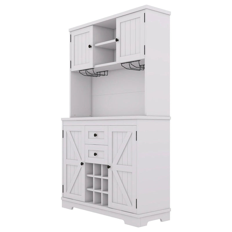 Freestanding Bar Cabinet with Wine Rack, Stemware Hooks and Storage Drawers — 73.8" Tall