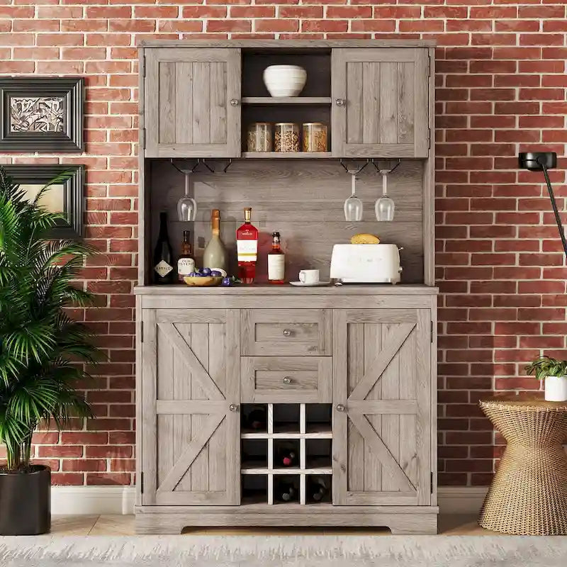 Freestanding Bar Cabinet with Wine Rack, Stemware Hooks and Storage Drawers — 73.8" Tall