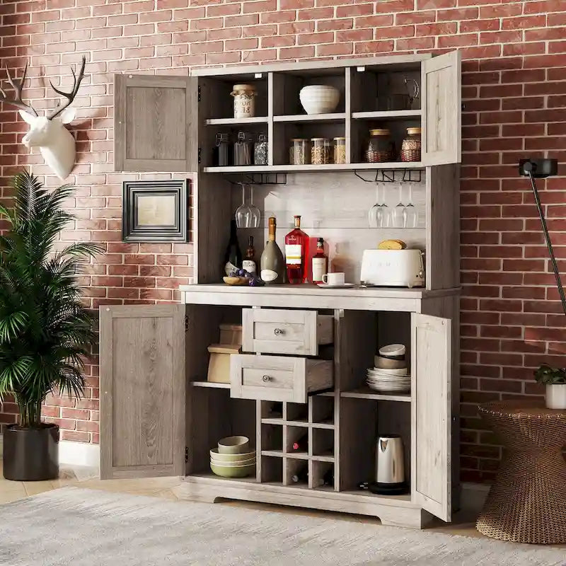 Freestanding Bar Cabinet with Wine Rack, Stemware Hooks and Storage Drawers — 73.8" Tall