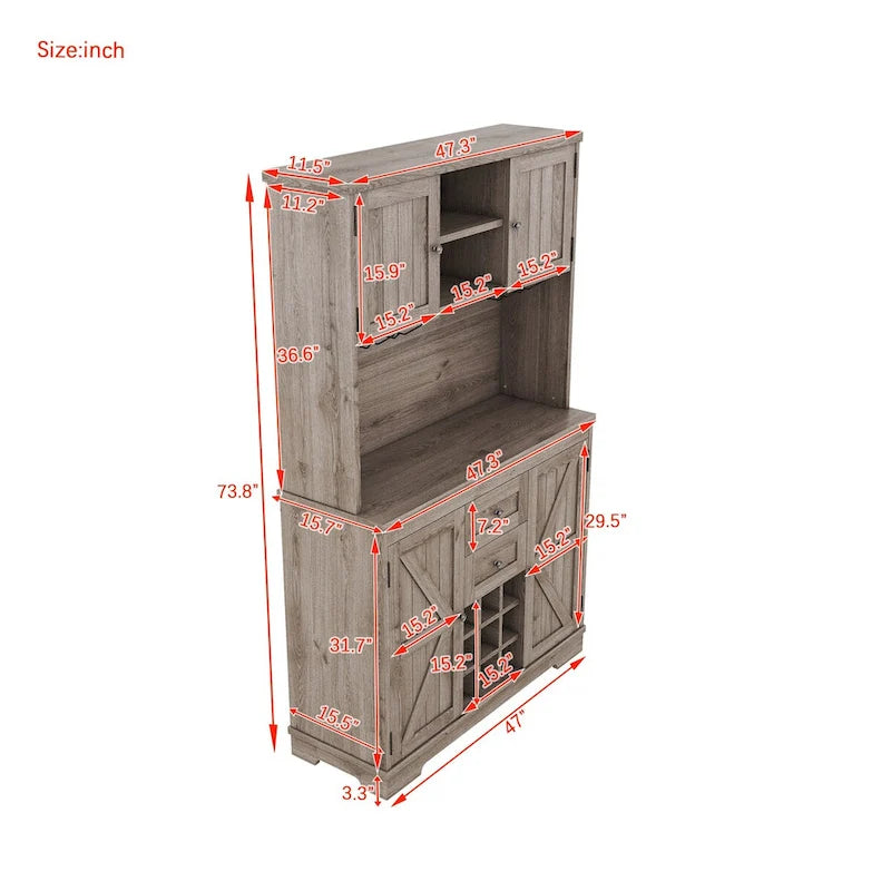 Freestanding Bar Cabinet with Wine Rack, Stemware Hooks and Storage Drawers — 73.8" Tall