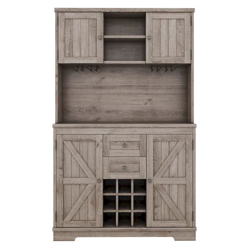 Freestanding Bar Cabinet with Wine Rack, Stemware Hooks and Storage Drawers — 73.8" Tall