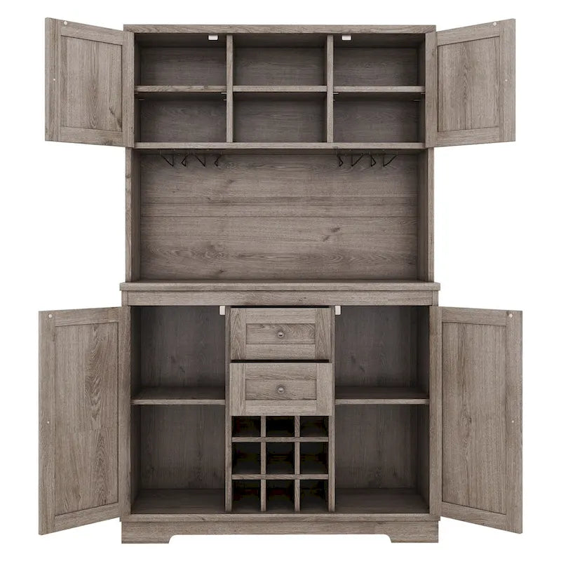 Freestanding Bar Cabinet with Wine Rack, Stemware Hooks and Storage Drawers — 73.8" Tall