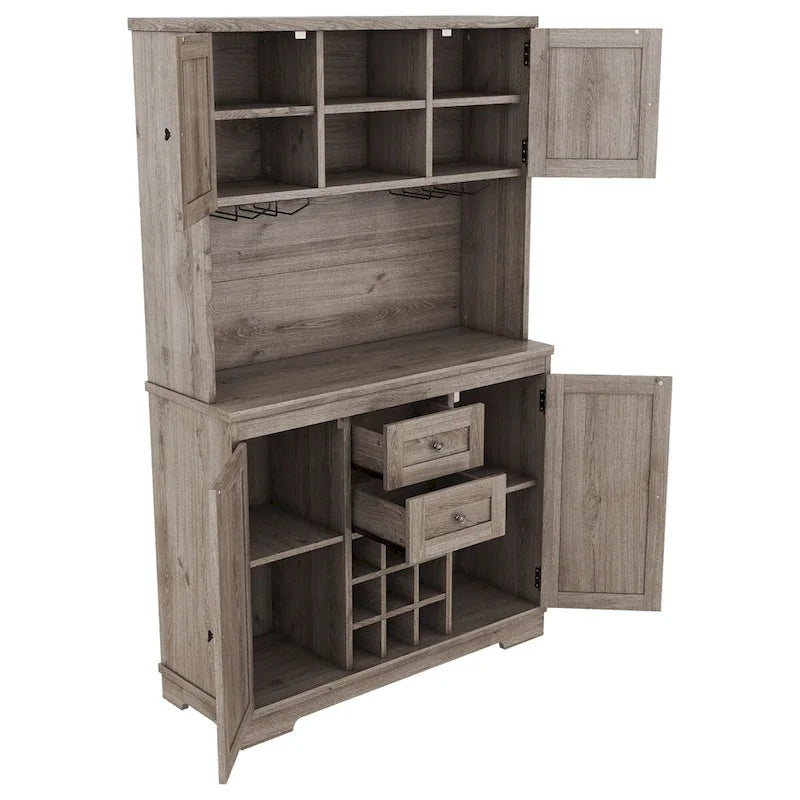 Freestanding Bar Cabinet with Wine Rack, Stemware Hooks and Storage Drawers — 73.8" Tall