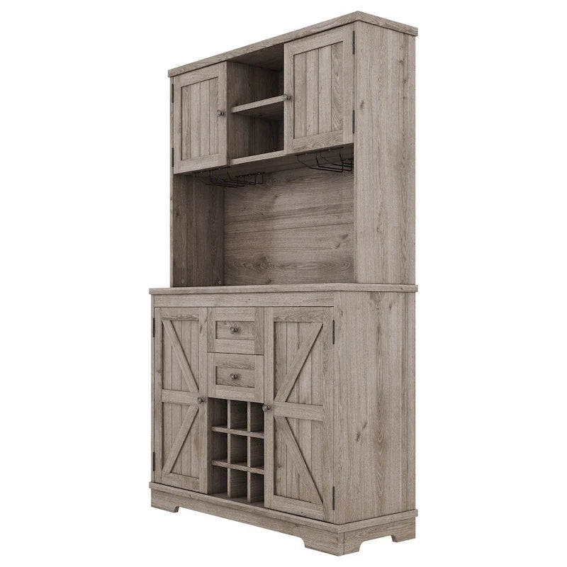 Freestanding Bar Cabinet with Wine Rack, Stemware Hooks and Storage Drawers — 73.8" Tall